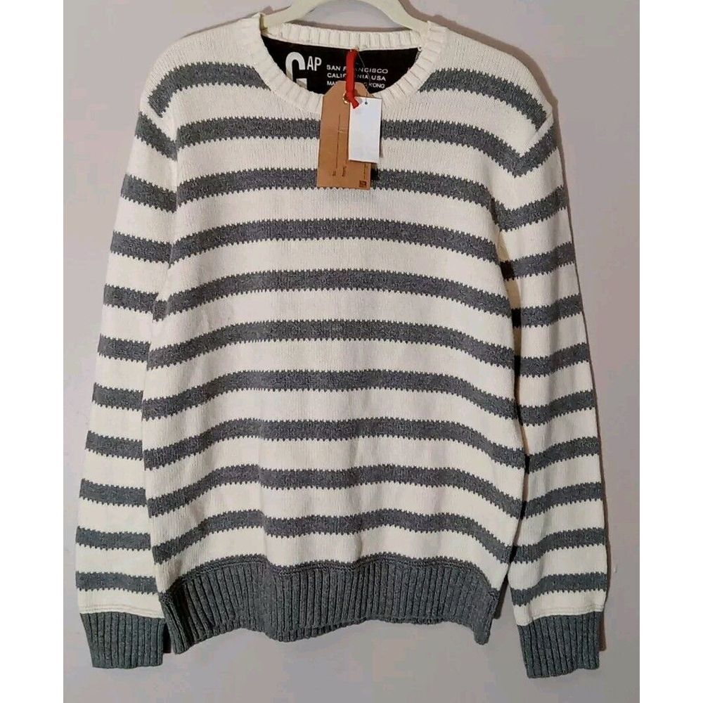 Gap Men Grey Cream Wool Blend  Stripe Pullover‎ Longsleeve Sweater  Size L
